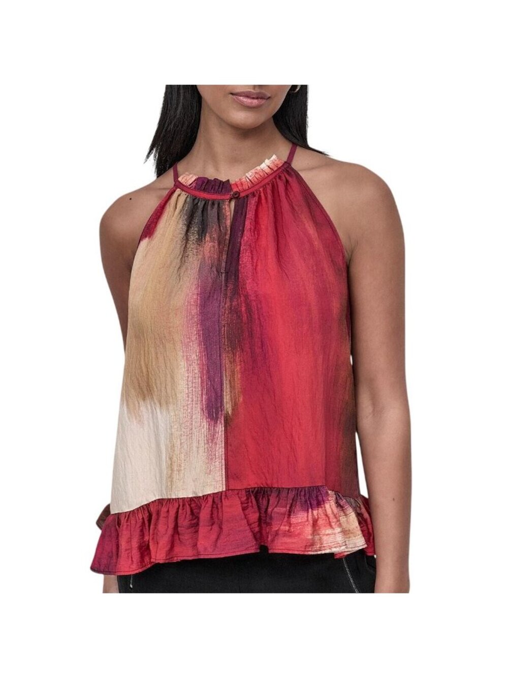 NWT DKNY Printed High-Neck Sleeveless Blouse Shirt Top Brush Stroke Red Multi L